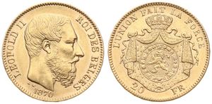 Belgium, Kingdom, Leopold II, 20 Francs Gold 1870, Bearded head right, Morin 144, VARIETY WITH DOUBLE 7 IN DATE !, XF (*)