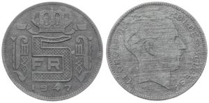 Belgium, Kingdom, Prince Charles, 5 Francs Zinc 1947FR, Head right, Morin 532, SCARCE DATE, XF