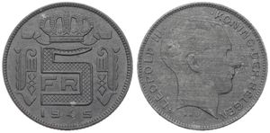 Belgium, Kingdom, Leopold III, 5 Francs Zinc 1945FL, Head right, Morin 475, SCARCE KEY DATE, XF/AU