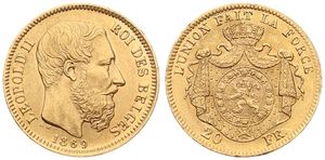 Belgium, Kingdom, Leopold II, 20 Francs Gold 1869, Bearded head right, Morin 143b (Type II), XF (*)