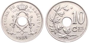 Belgium, Kingdom, Albert I, 10 Centimes Nickel-Brass 1931FR, Center hole within crowned monogram, Morin 426a, XF
