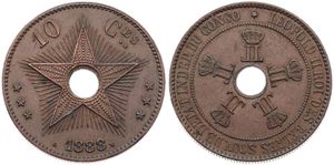 Congo Free State, Royal Domain, Leopold II, 10 Centimes Copper 1888, Center hole flanked by crowned monograms within beaded circle, KM 4, XF