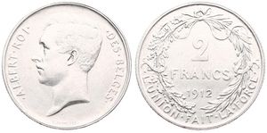 Belgium, Kingdom, Albert I, 2 Francs Silver 1912FR, Head left, Morin 286, XF
