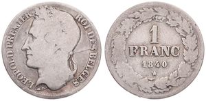 Belgium, Kingdom, Leopold I, 1 Franc Silver 1840, Laureate head left, Morin 26, RARE DATE, Fine