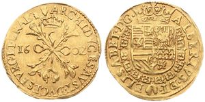 Spanish Netherlands, Albrecht & Isabella, Dubbele Albertijn Gold 1602, Crowned arms / Cross with crown and golden fleece, VH 582.AN - Antwerp, SCARCE, XF (*)
