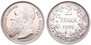 Belgium, Kingdom, Leopold II, 2 Francs Silver 1909FL, Bearded head left, Morin 197, A.UNC