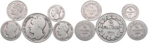 Belgium, Kingdom, Leopold I, Good lot with 5 different 1/4, 1/2 & 2 Francs silver coins in various grades including better items or grades...