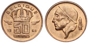 Belgium, Kingdom, Baudouin I, 50 Centimes Bronze 1968FR, Helmeted mine worker left, Morin 678, SCARCER DATE, UNC