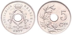 Belgium, Kingdom, Albert I, 5 Centimes Copper-Nickel 1927FL, Center hole within crowned monogram, Morin 370, UNC