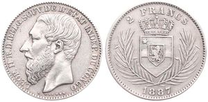 Congo Free State, Royal Domain, Leopold II, 2 Francs Silver 1887, Bearded head left, KM 7, RARE KEY DATE, VF/XF