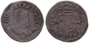 Spanish Netherlands, Philip II, Dubbele Korte Copper ND (1555-1598), Bust right / Crowned arms on cross, VH 319.BG - Bruges, Fine