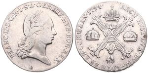 Austrian Netherlands, Franz II, 1 Kronenthaler Silver 1794B, Laureate head right / Floriated cross with 3 crowns & Golden Fleece, KM 62.2 Kremnitz, Fine