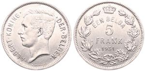 Belgium, Kingdom, Albert I, 5 Francs (1 Belga) Nickel 1931FL (Position A), Head left, Morin 385a, XF/AU