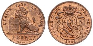Belgium, Kingdom, Leopold II, 1 Centime Copper 1901/801FR, Seated lion with tablet, Morin 230a, UNC