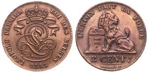 Belgium, Kingdom, Leopold I, 2 Centimes Copper 1845, Seated lion with tablet, Morin 94b, A.XF (cleaned)