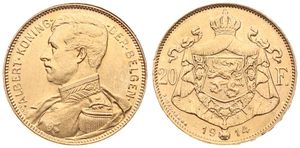 Belgium, Kingdom, Albert I, 20 Francs Gold 1914FL, Uniformed bust left, Morin 282a (Postion A), XF (*)