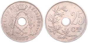 Belgium, Kingdom, Albert I, 25 Centimes Copper-Nickel 1927/23FR, Center hole within crowned monogram, Morin 331a, SCARCER OVERSTRIKE, VF