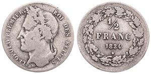 Belgium, Kingdom, Leopold I, 1/2 Franc Silver 1834, Laureate head left, Morin 29, A.VF