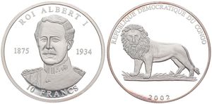 Congo Democratic Republic, Republic, 10 Francs Silver 2002, Bust of King Albert I left, KM NL, PROOF