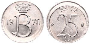 Belgium, Kingdom, Baudouin I, 25 Centimes Copper-Nickel 1970FL, Crown above monogram B, Morin 747, SCARCER ERROR COIN !, A.UNC