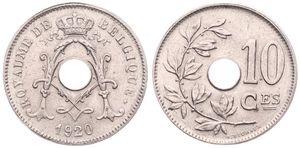 Belgium, Kingdom, Albert I, 10 Centimes Copper-Nickel 1920FR, Center hole within crowned monogram, Morin 337, UNC