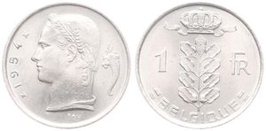 Belgium, Kingdom, Baudouin I, 1 Franc Copper-Nickel 1954FR, Head of Ceres left, Morin 599, UNC !