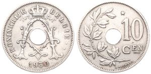 Belgium, Kingdom, Albert I, 10 Centimes Nickel-Brass 1930/00FL, Center hole within crowned monogram, Morin 425d, SCARCE OVERSTRIKE, VF