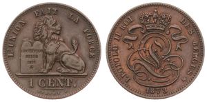 Belgium, Kingdom, Leopold II, 1 Centime Copper 1873FR, Seated lion with tablet, Morin 221, A.UNC