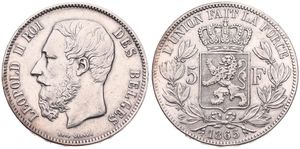 Belgium, Kingdom, Leopold II, 5 Francs Silver 1865, Bearded head left, Morin 152, SCARCE DATE !, VF