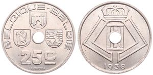 Belgium, Kingdom, Leopold III, 25 Centimes Nickel-Brass 1938FR/FL, Center hole within crowned monogram, Morin 461, UNC