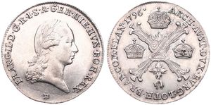 Austrian Netherlands, Franz II, 1/4 Kronenthaler Silver 1796B, Laureate head right / Floriated cross with 3 crowns & Golden Fleece, KM 60 Kremnitz, VF