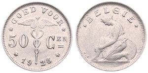 Belgium, Kingdom, Albert I, 50 Centimes Nickel 1928/23FL, Kneeling woman left, Morin 415a, SCARCER OVERSTRIKE !, VF