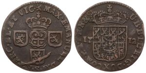 Spanish Netherlands, Maximilian-Emanuel of Bavaria, 1 Oord Copper 1712, Crown above title and three shields / Crowned arms divides date, VH 787.NA - Namur, A.VF