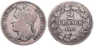 Belgium, Kingdom, Leopold I, 2 Francs Silver 1835, Laureate head left, Morin 17c (Position A), Fine