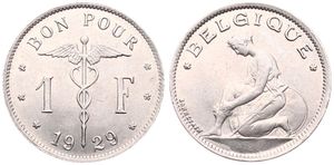 Belgium, Kingdom, Albert I, 1 Franc Nickel 1929FR, Kneeling woman left, Morin 402, UNC