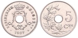 Belgium, Kingdom, Leopold II, 5 Centimes Copper-Nickel 1907FL, Center hole within crowned monogram, Morin 280, SCARCER DATE, UNC-