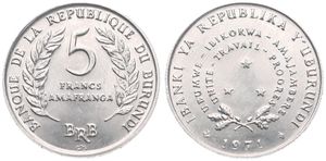 Burundi, Republic, 5 Francs Aluminum 1971, Three stars at center, KM 16, UNC