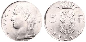 Belgium, Kingdom, Baudouin I, 5 Francs Copper-Nickel 1975FL, Head of Ceres left, Morin 583, RARE ERROR COIN ON WRONG PLANCHET FROM 1 FRANC !, UNC