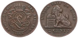 Belgium, Kingdom, Leopold II, 2 Centimes Copper 1869FR, Seated lion with tablet, Morin 206, RARE KEY DATE, VF