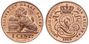 Belgium, Kingdom, Leopold II, 1 Centime Copper 1902/802FL, Seated lion with tablet, Morin 233b, UNC