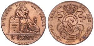 Belgium, Kingdom, Leopold I, 5 Centimes Copper 1842, Seated lion with tablet, Morin 73, VARIETY WITH / ON E IN LEOPOLD, XF (cleaned)