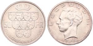 Belgium, Kingdom, Leopold III, 50 Francs Silver 1940FL/FR (Position B), Crown above nine shields, Morin 447f, SCARCE VARIETY WITH TRIANGLE IN THIRD SHIELD FROM LEFT, XF/AU
