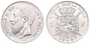 Belgium, Kingdom, Leopold II, 1 Franc Silver 1867FR, Bearded head left, Morin 173, VF