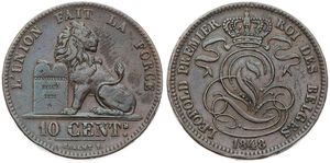 Belgium, Kingdom, Leopold I, 10 Centimes Copper 1848/38, Seated lion with tablet, Morin 64b, VF+ (edgenicks)