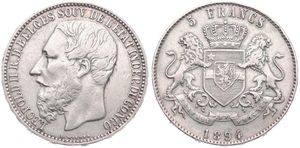 Congo Free State, Royal Domain, Leopold II, 5 Francs Silver 1894, Bearded head left, KM 8.1, RARE, VF