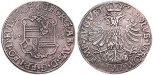 Liege, Bishoperic, Georges d'Autriche, 1 Daalder Silver 1556, Arms divides date within circle / Crowned double headed eagle within circle, Delm. 440 - Hasselt Mint, RARE, VF
