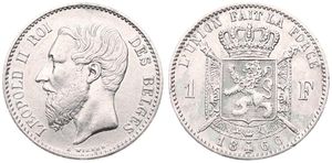 Belgium, Kingdom, Leopold II, 1 Franc Silver 1866FR, Bearded head left, Morin 172, A.XF