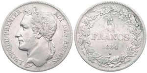 Belgium, Kingdom, Leopold I, 5 Francs Silver 1834, Laureate head left, Morin 9a (Position A), SCARCER DATE, VF