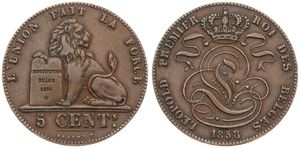 Belgium, Kingdom, Leopold I, 5 Centimes Copper 1858, Seated lion with tablet, Morin 84, A.XF