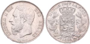 Belgium, Kingdom, Leopold II, 5 Francs Silver 1868, Bearded head left, Morin 155, A.XF